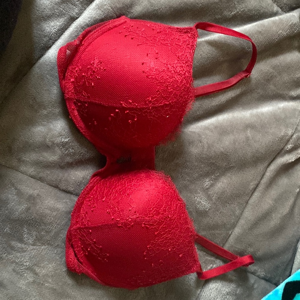 Red lacy, push-up padded, Victoria’s Secret bra